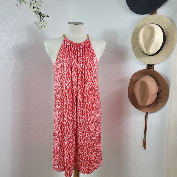 MICHAEL KORS CORAL & WHITE CHAIN NECK SLEEVELESS  STRETCH DRESS SZ: M - Picture 2 of 16